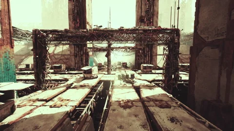 Disused railway yard featuring rusted cranes and cargo containers Stock Footage 346685460