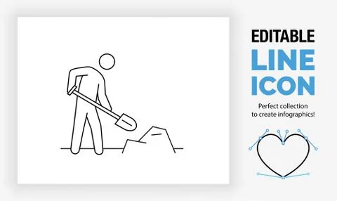 Ditable line icon of a stick figure shovelling Stock Illustration