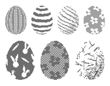 Dithered pixel art Easter egg collection with unique patterns. This monochr.. Illustrazione stock