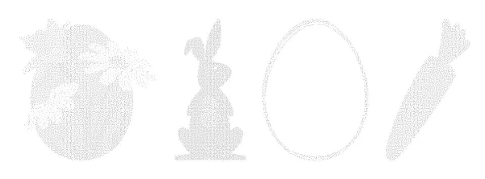Dithered pixel art Easter elements in a subtle monochrome design. This set .. Illustrazione stock