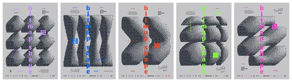 Dithering abstract postmodern composition with bitmap geometric shape in re.. Stock-Illustration