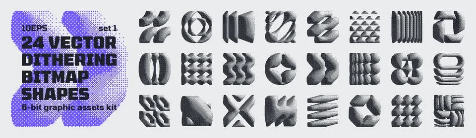 Dithering bitmap high-quality shapes, abstract geometric graphic assets kit.. Illustration