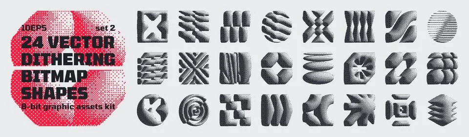 Dithering bitmap high-quality shapes, abstract geometric graphic assets kit.. Illustration