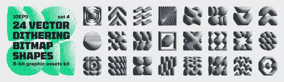 Dithering bitmap high-quality shapes, abstract geometric graphic assets kit.. Stock Illustration