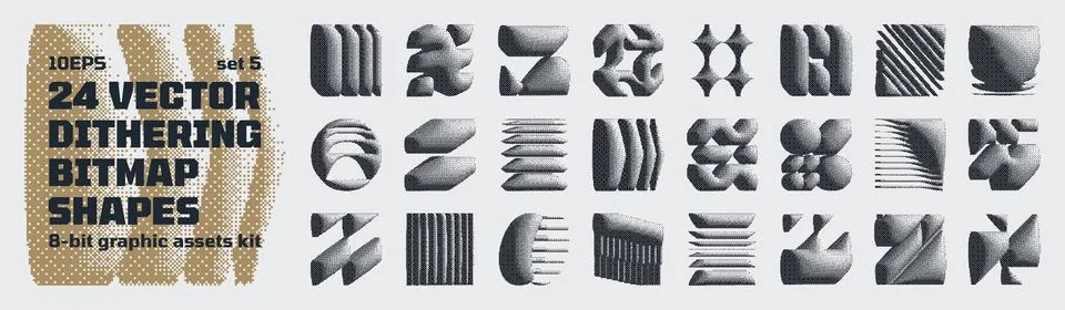 Dithering bitmap high-quality shapes, abstract geometric graphic assets kit.. Stock Illustration