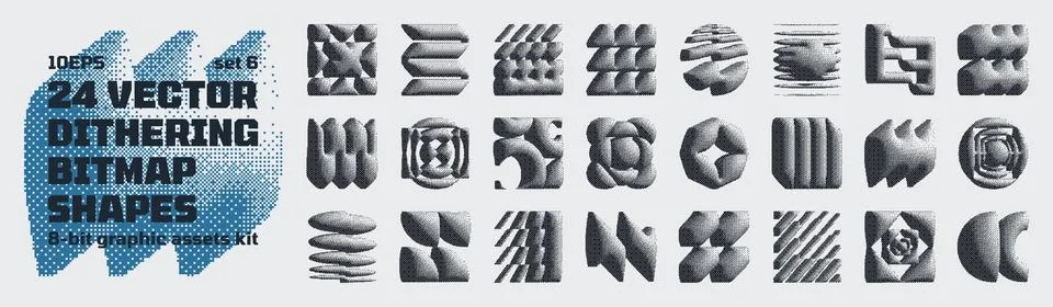 Dithering bitmap high-quality shapes, abstract geometric graphic assets kit.. 스톡 일러스트