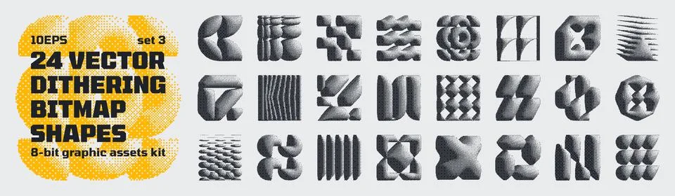 Dithering bitmap high-quality shapes, abstract geometric graphic assets kit.. Illustration