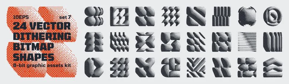 Dithering bitmap high-quality shapes, abstract geometric graphic assets kit.. Stock Illustration