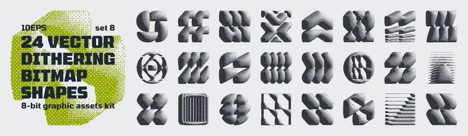 Dithering bitmap high-quality shapes, abstract geometric graphic assets kit.. Stock Illustration