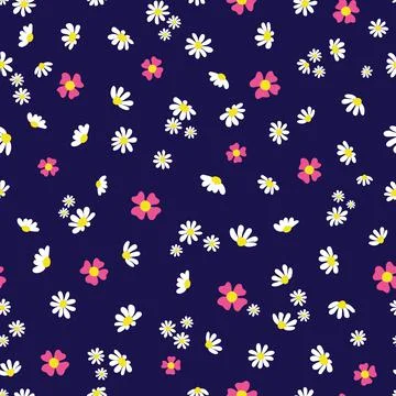 Ditsy floral pattern white pink flowers on dark blue Stock Illustration