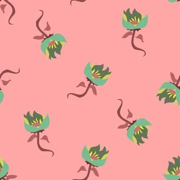 Ditsy Green Floral Repeat Pattern On A Candy Pink Background Stock Illustration