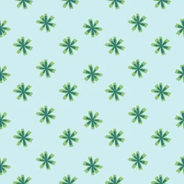 Ditsy seamless pattern with green simple flower silhouettes. Blue pastel back Stock Illustration