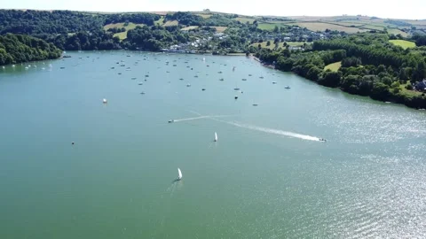 Dittisham, South Devon, England: Drone View: Yachts, River Dart &amp; the village Stock Footage 201207937