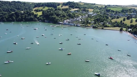 Dittisham, South Devon, England: Drone View: The village, yachts &amp; River Dart Stock Footage 201208046