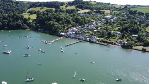 Dittisham, South Devon, England: Drone View: Yachts, River Dart &amp; the village Stock Footage 201208166