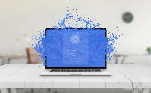Dive into digital security with a laptop featuring a refreshing water splash Stock Illustration