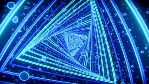 Dive into a dynamic blue neon triangle tunnel with floating orbs for a mesmerizi Stock Footage 321395610