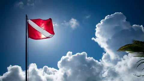 Dive flag flying, back lite by sun (Grand Cayman) Stock Photos