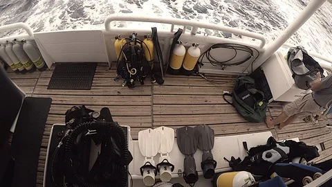Dive Gear Overhead View Aboard a Liveaboard Boat 스톡 동영상 128602448