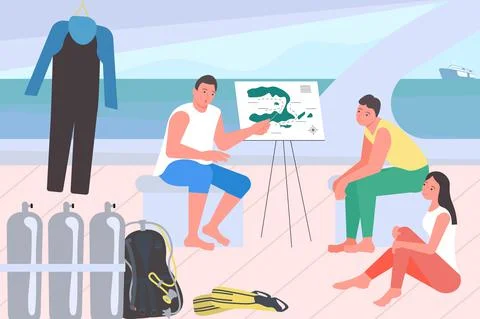 Dive instructor giving a dive briefing to tourists Stock Illustration