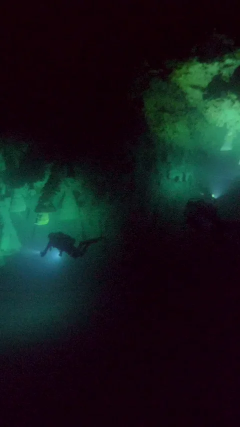 Dive light sweeps across a dark submerged cenote floor Stock Footage 341396002