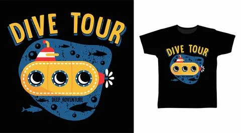 Dive tour design vector with submarine illustration, ready for print on t-shi Stock Illustration