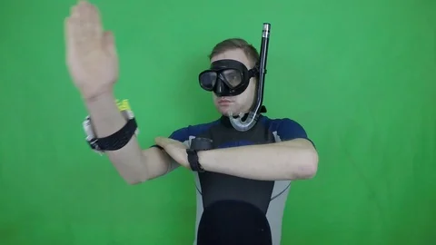 Divemaster shows direction on the compas- greenscreen footage Stock Footage 123951557