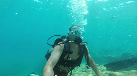 Diver blowing bubbles under water, Antalya, Turkey 5 Stock Footage