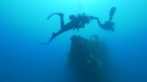 Diver on bow of wreck Vídeo Stock 58381414