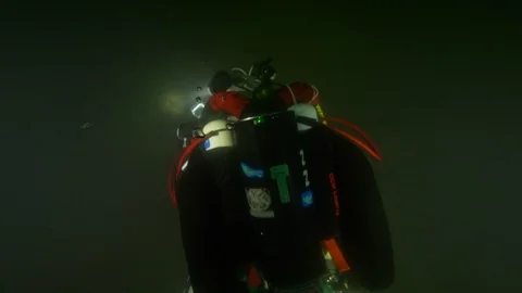 Diver close-up in a colorful wetsuit from behind, Trevignano lake, Italy Stock Footage 104435152