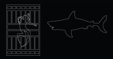 Diver in diving cage observing a great white shark vector line contour Stock Illustration