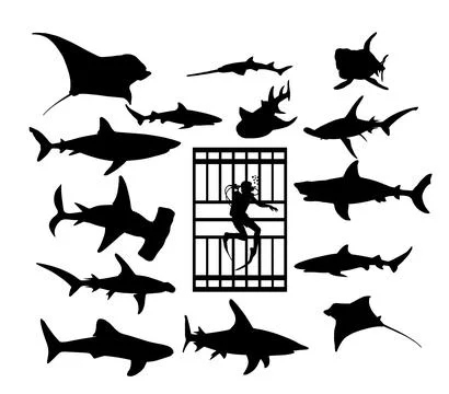 Diver in diving cage observing sharks vector silhouette イラスト素材