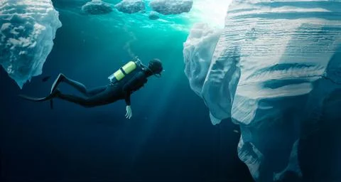 Diver ecploring the pack ice Stock Illustration