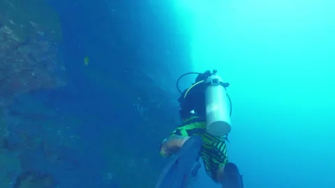Diver with equipment swims tranquilly under water surface Stock Footage 305959233