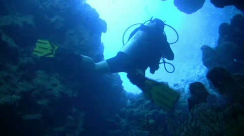 Diver Exits Underwater CAVE Stock-Footage 200845