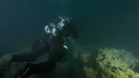 Diver explores the hull frame of the wreck Adernò with school of rainbow wrasse Stock Footage 228117815