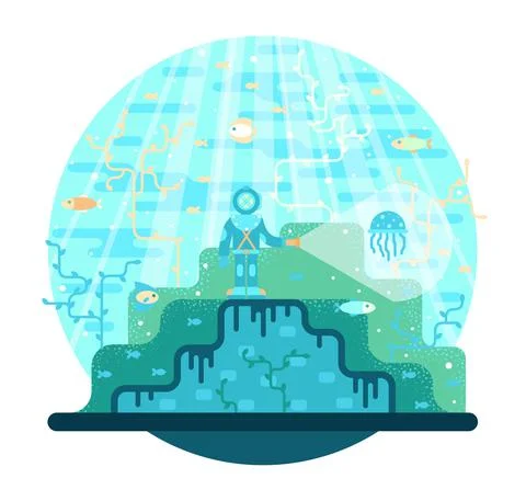 Diver with a flashlight explores the underwater bottom, vector illustration Stock Illustration