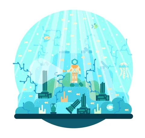 Diver with a flashlight on the seabed Stock Illustration