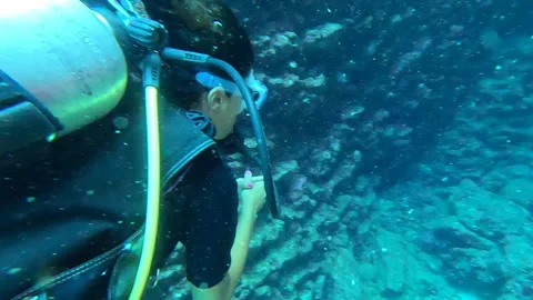 A diver gliding effortlessly through rocky terrain underwater Stock Footage 327481261