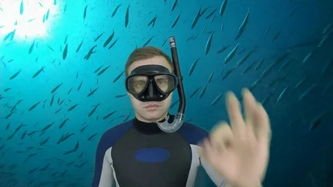 Diver  on greenscreen in ABC equipment shows sign OK-  full HD Stock Footage 122656473