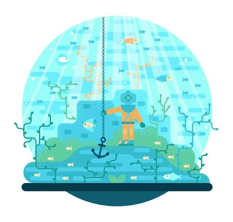 Diver holds on to the anchor on the seabed- vector cartoon illustration Stock Illustration