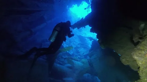 Diver inside Wreck of SS Dunraven at Shaab Mahmoud in the Red Sea, Egypt Stock Footage 276521882