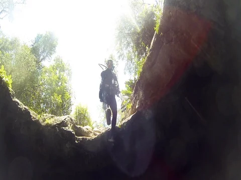 Diver jumping in the water caves. Cave diving in cenotes, Riviera Maya, Mexico Stock Footage 80229476
