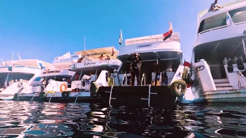 A diver jumps from a boat into the water Stock Footage 256169442
