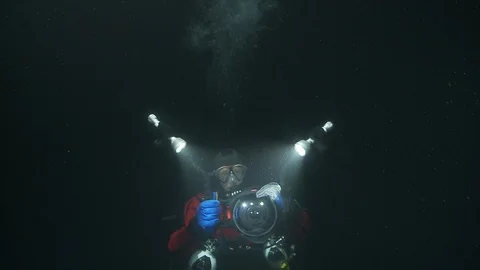Diver lighting a comb jelly floating around him, Arctic Ocean - Underwater shot Vidéo 100925686