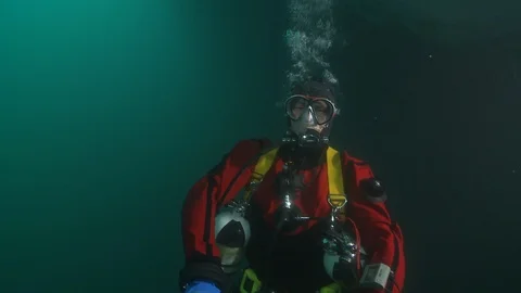 Diver looking a jellyfish in Arctic Ocean - Underwater shot Stock Footage 100638558