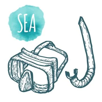 Diver mask drawing on white background. Hand drawn illustration Stock Illustration