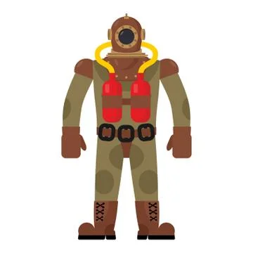 Diver old diving suit. Retro clothing for scuba diving. Vintage gear for swim Stock Illustration