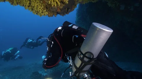 Diver passes under a rock arch and finds the other 3, Mediterranean Sea, Italy Stock Footage 115542520