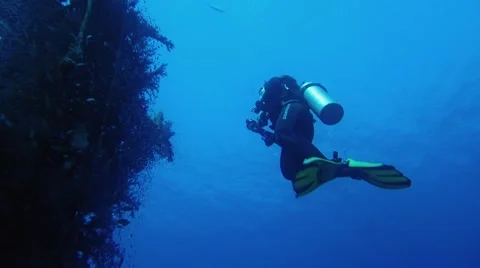 Diver photographing of shipwreck Stock Footage 63462689